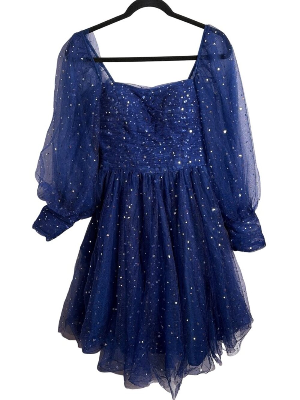 Celestial Night Navy Blue Tulle Dress Moon & Star Design Puff Sleeves Whimsy
